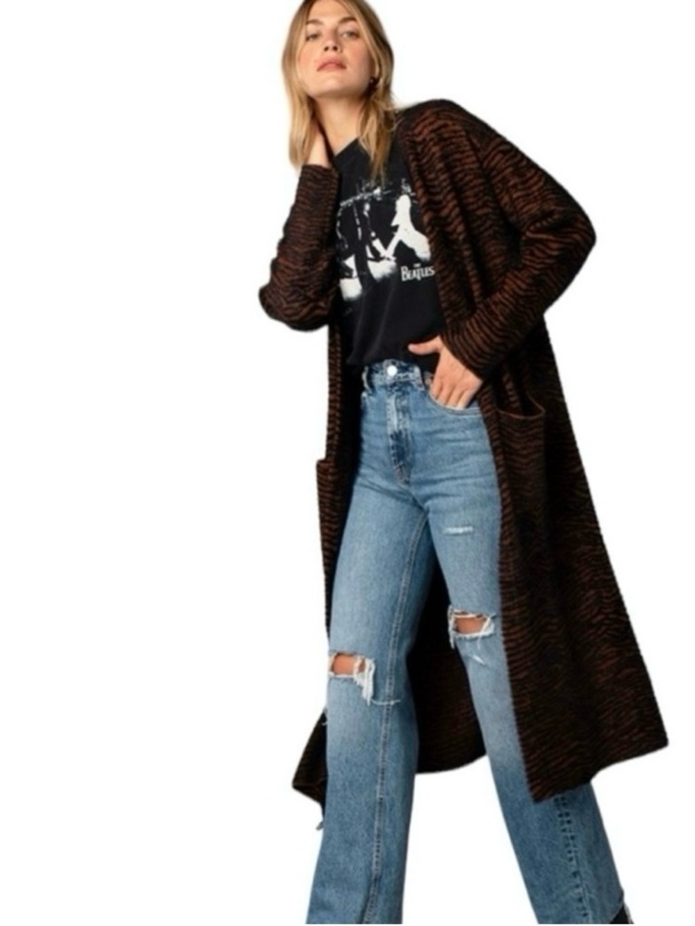 Open-Front Women's Cardigan Sweater in Brown/Black